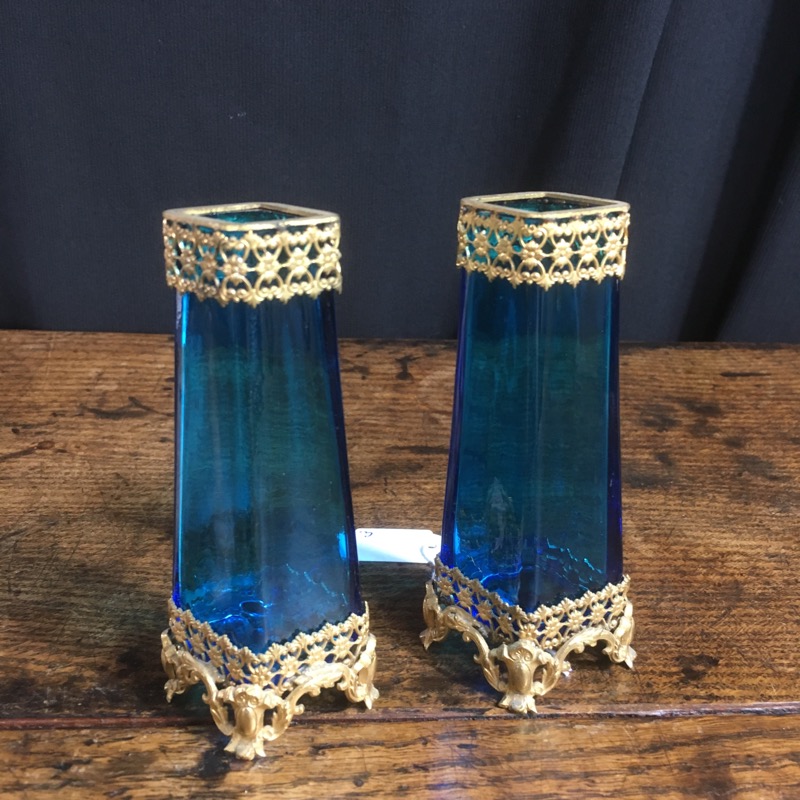 Pair of French blue glass vases, gilt metal mounts, c. 1900-0