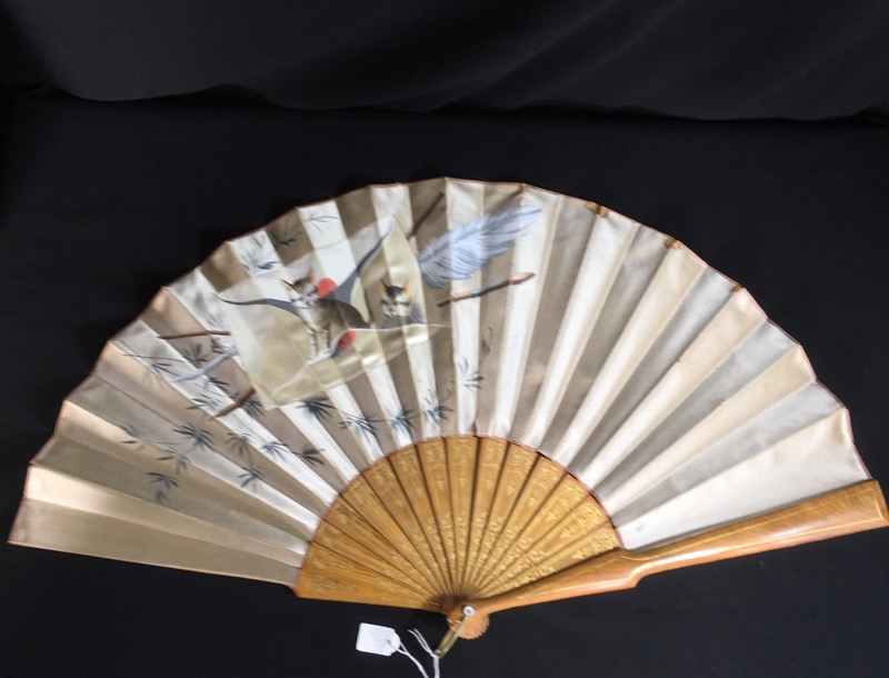 Victorian silk fan with kittens painting, C. 1880 -0