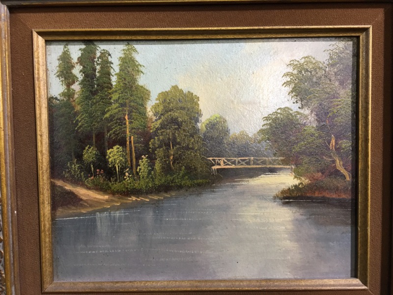 Victorian oil on board, river and bridge, unsigned c. 1890-0