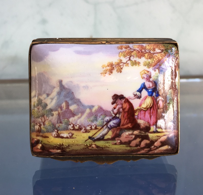 English Enamel box with Shepherd & Shepherdess painted panel, c. 1760-0