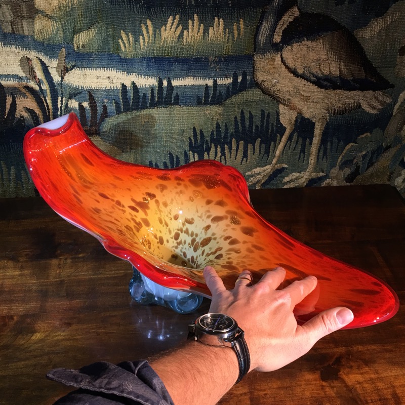 Large Murano glass boat-shape bowl in orange, mid-20th century -0