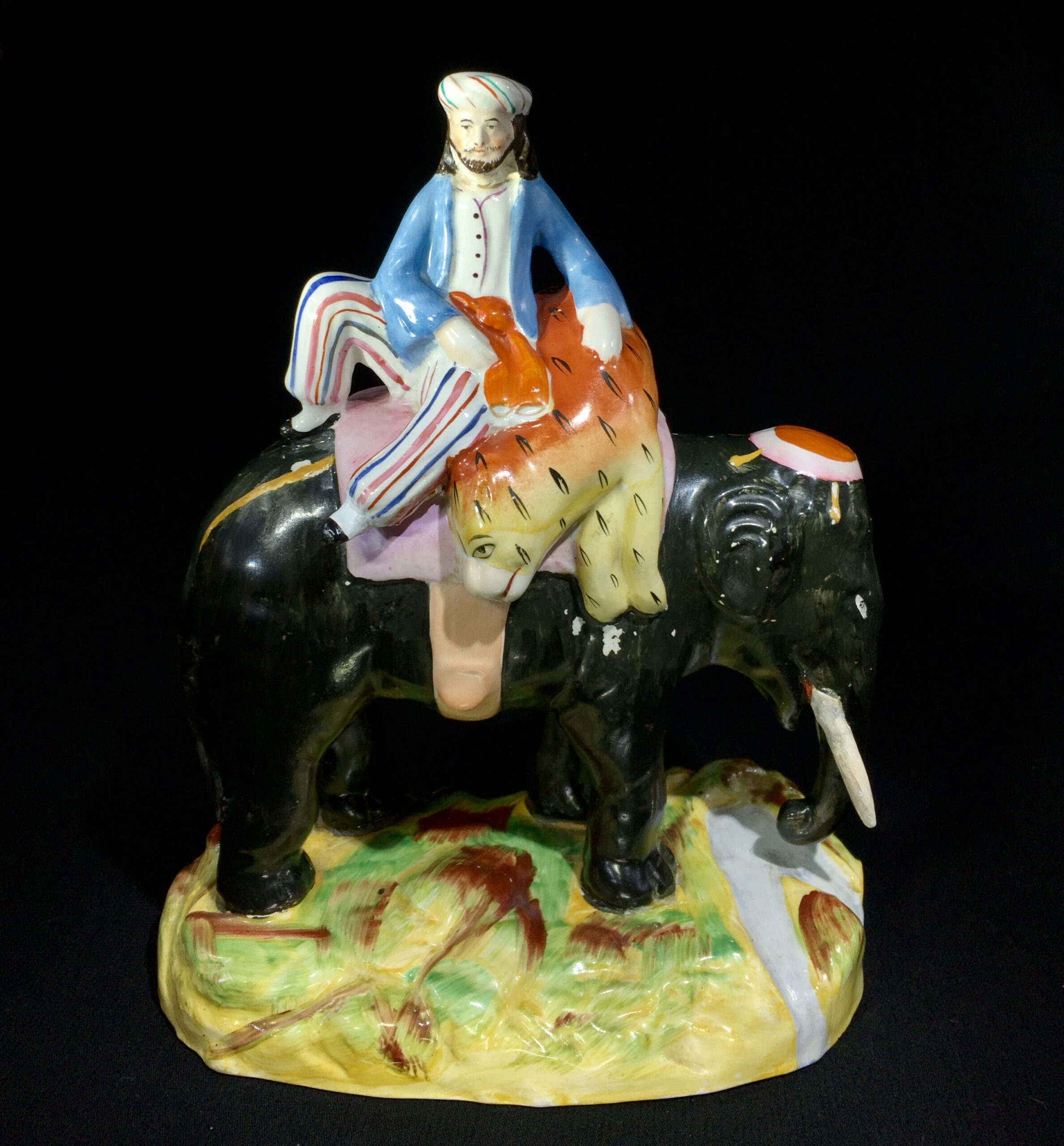 Staffordshire figure of elephant & rider with tiger, c. 1870-0