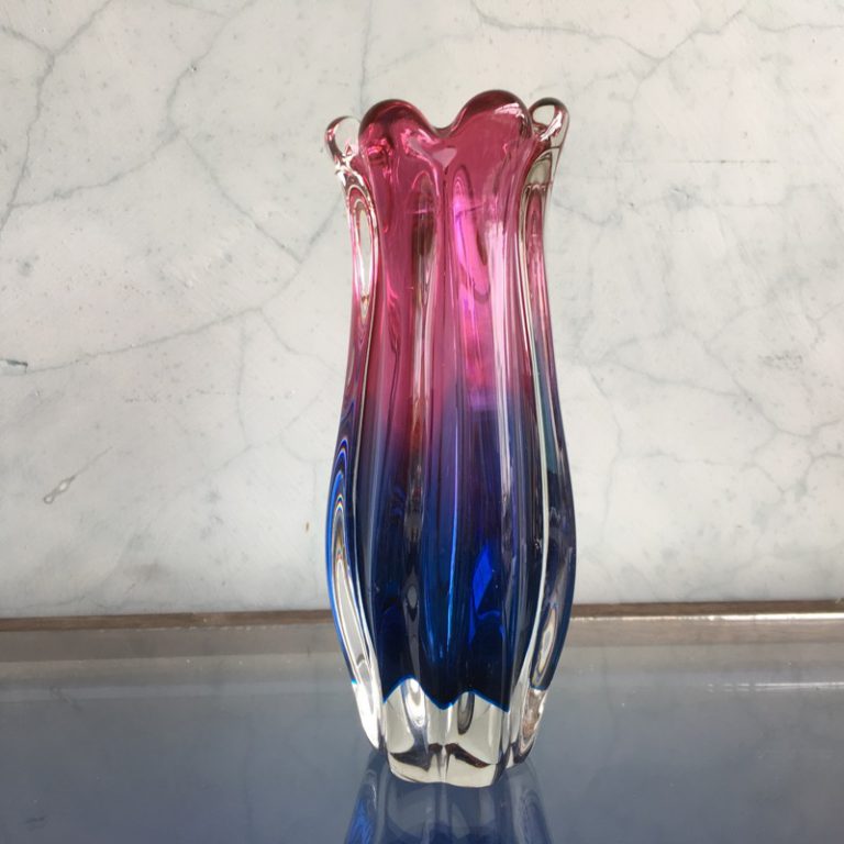 Murano Glass vase, ribbed red & blue, mid 20th century