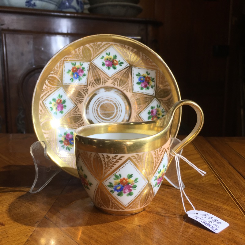 Bohemain coffee cup & saucer, flowers on orange lustre ground, c. 1810 -0