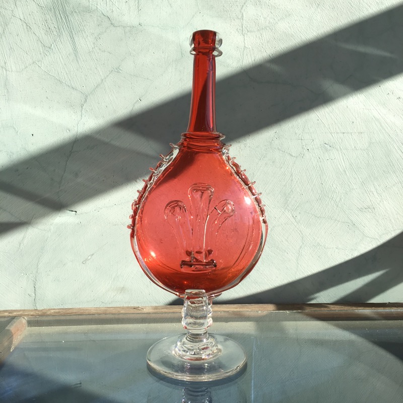 Victorian ruby glass 'bellows' flask, c. 1875-0