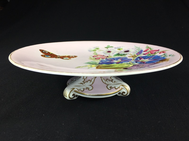 Victorian low comport, raised flowers & butterfly, George Jones?, c. 1870-0