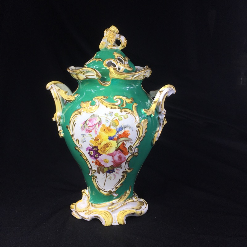 H & R Daniel Rococo potpourri vase, flower panels on green, c. 1830 -0