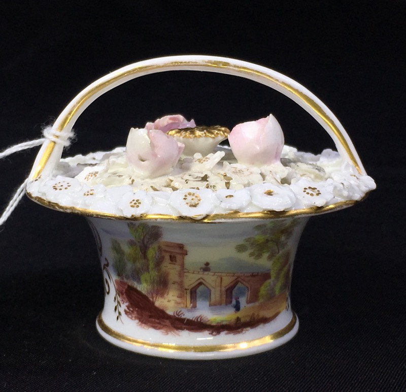 English porcelain potpourri basket with scenes, c. 1825 -0