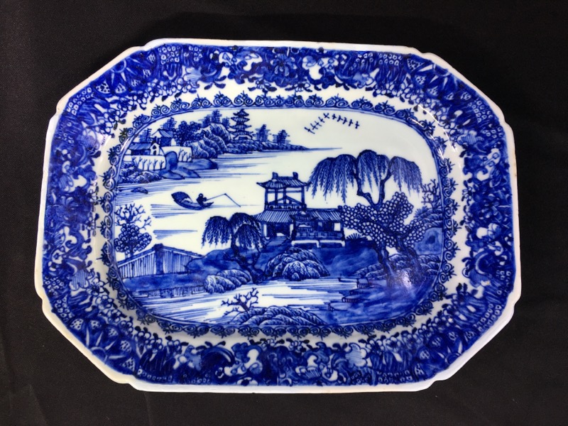 Chinese Export rectangular dish, river landscape in blue, c. 1760 -0