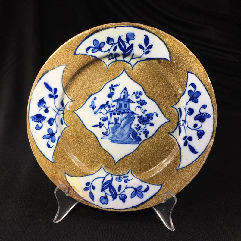 English delft plate, pagoda & flowers on brown ground, c. 1760 -0