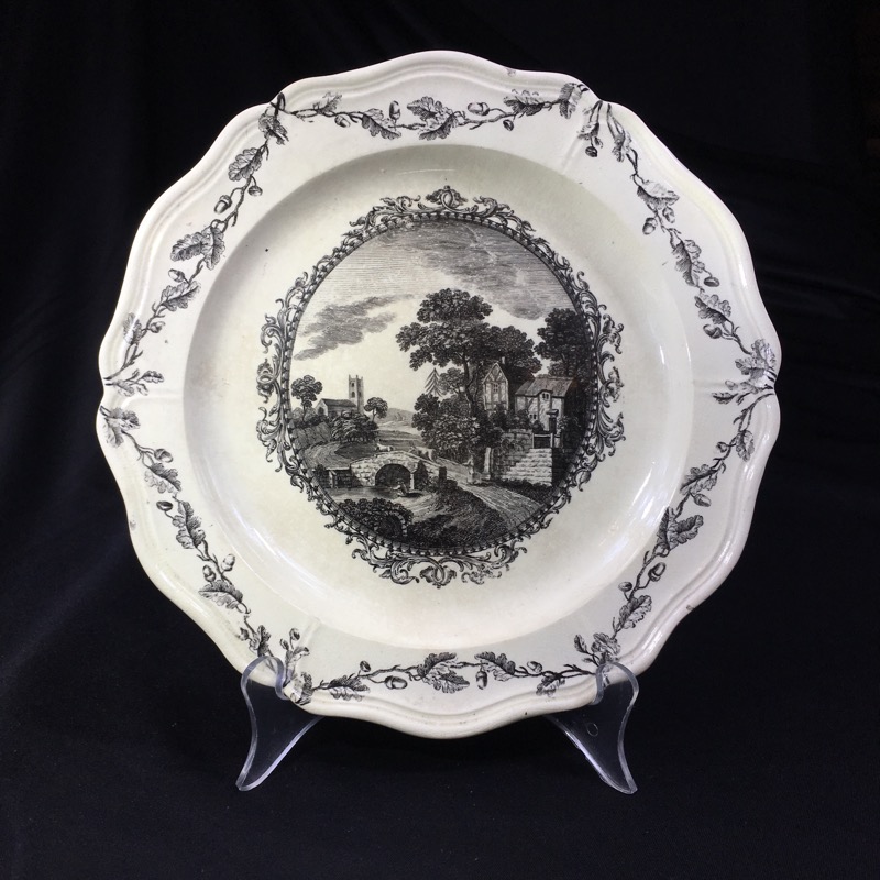 English Creamware plate, country scene print in black, c.1780 -0