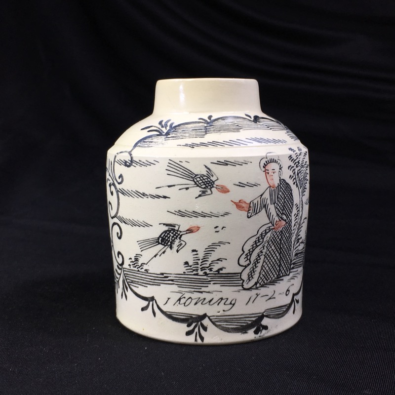 English creamware tea canister, Dutch 'Jesuit' decoration, Elijah & Ravens, c.1770 -0