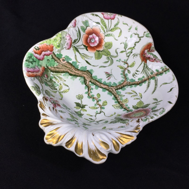 English creamware shell dish, tree & bird pattern, c. 1820 -0