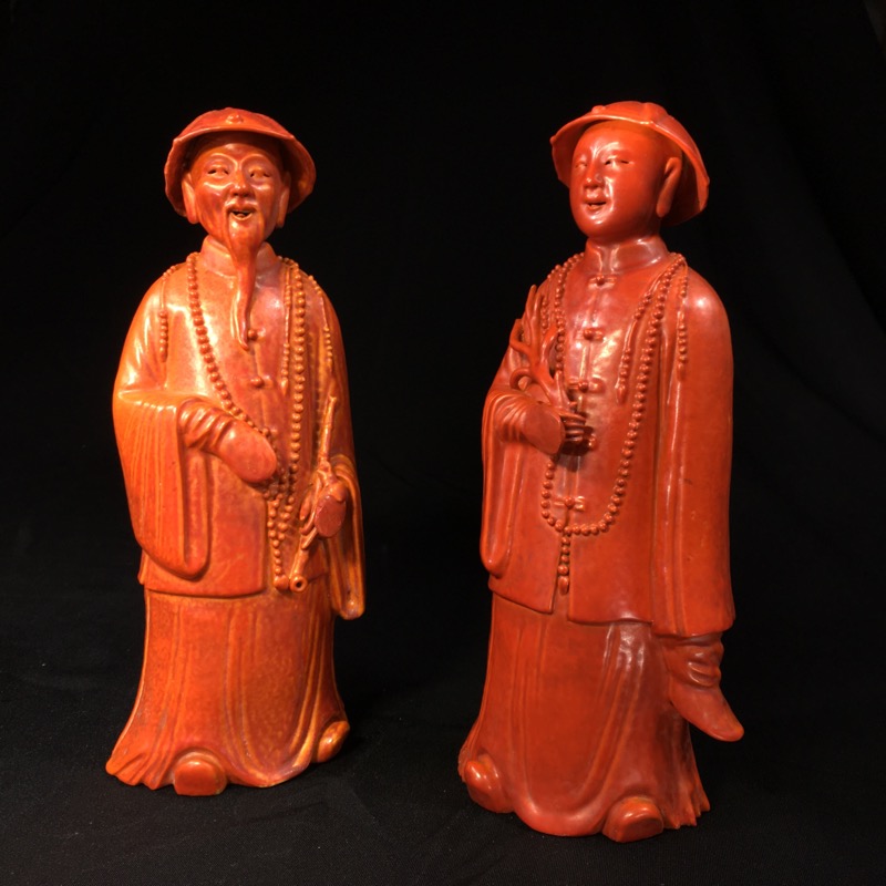 Pair of Chinese figures in coral red glaze, Qing Dynasty 19th century-0