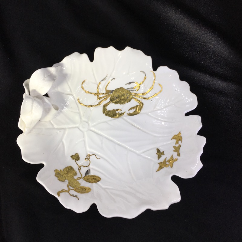 Minton bone china 'leaf bowl', platinum & gold crab & flower, c. 1880-0