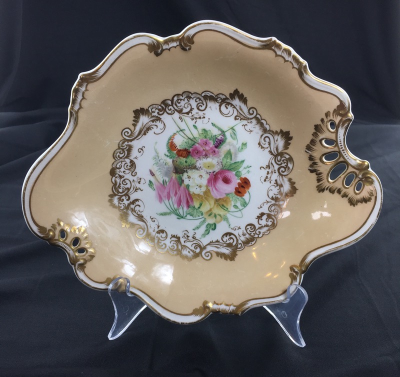 English bone china dessert serving dish with flowers on apricot ground, C. 1835 -0