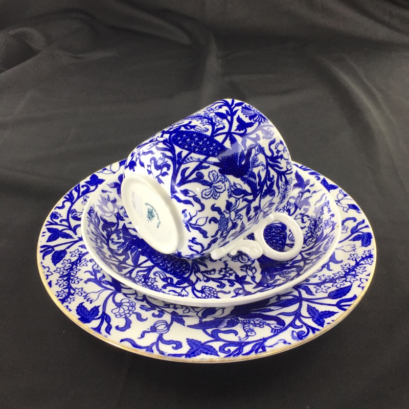 Royal Crown Derby cup saucer and plate, blue peacocks, dated 1891-1917-0