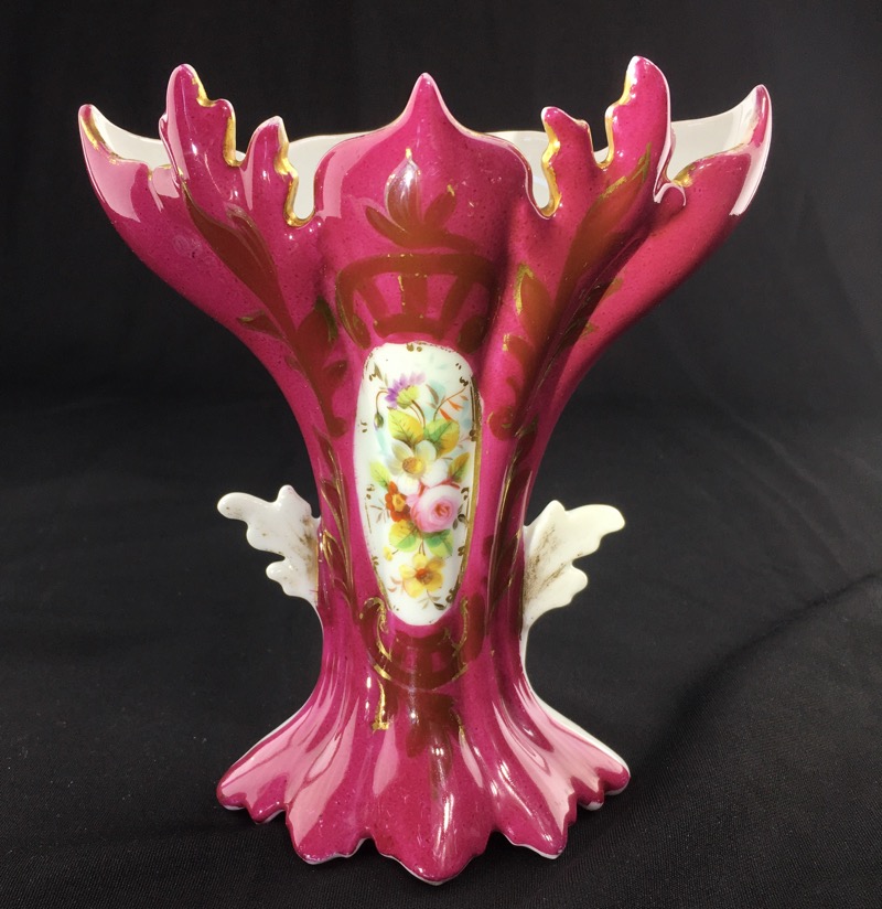 Paris porcelain spill vase, flowers on claret ground, c. 1870-0