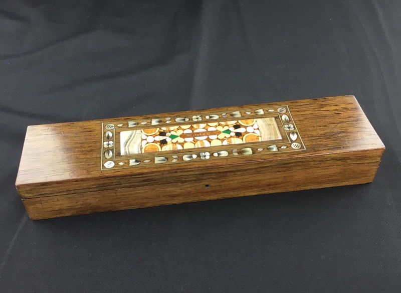 Small rosewood box with mother of pearl inlay & semi precious stones, 'Karlsbad' c. 1860 -0