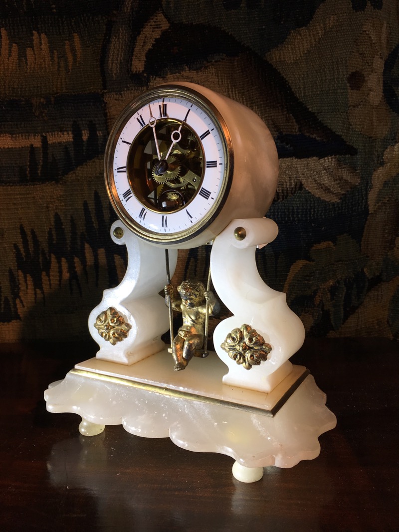 French alabaster clock, lyre shape with cherub pendulum, c. 1890 -0