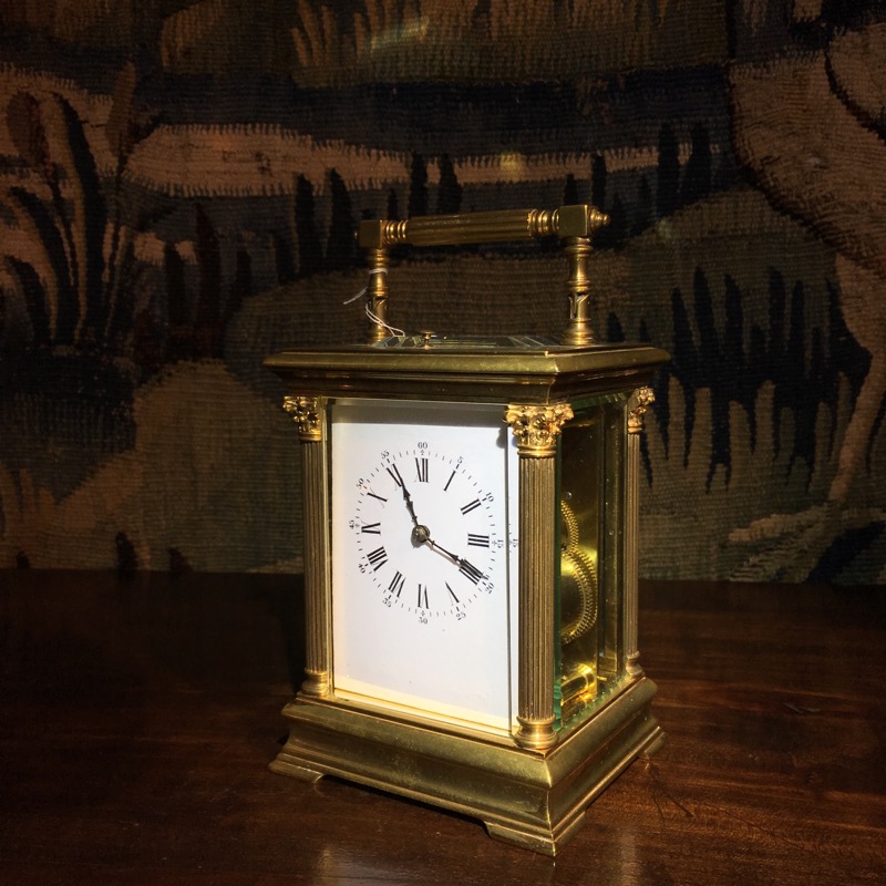 French brass Aiguilles carriage clock, classical columns, c. 1900-0