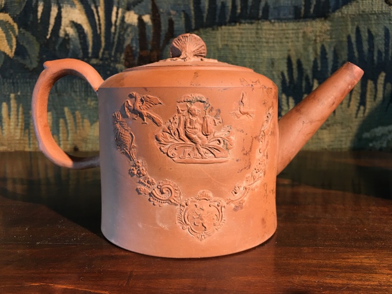 English Redware teapot with chinoiserie moulds, Circa 1775 -0