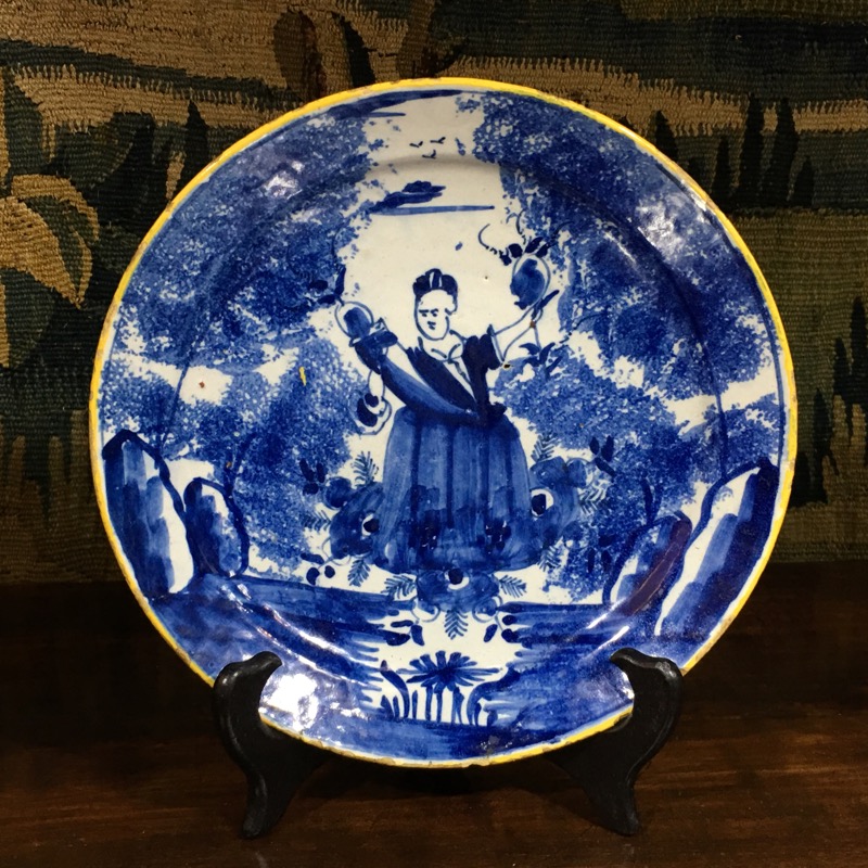 Dutch Delft blue & white 'pancake' plate, Flora, c.1760 -0