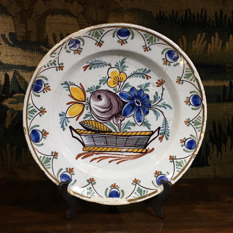 Dutch Delft charger, stylized polychrome flowers, c. 1780-0