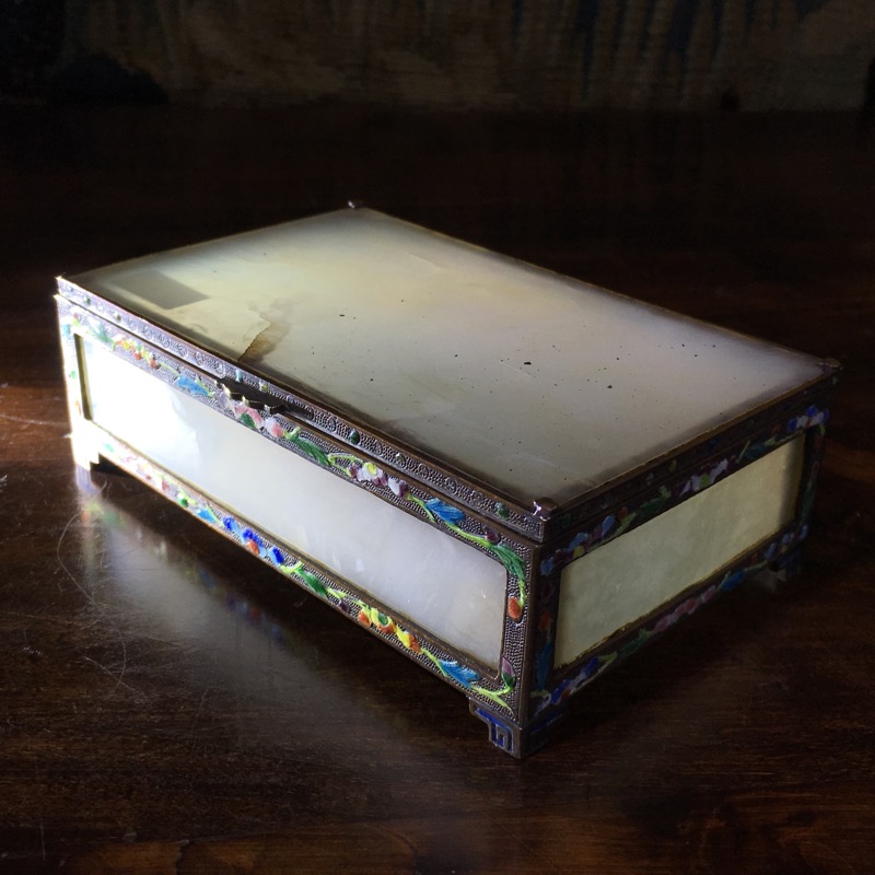 Chinese White Onyx box with silvered copper & enamel frame, c.1910-0