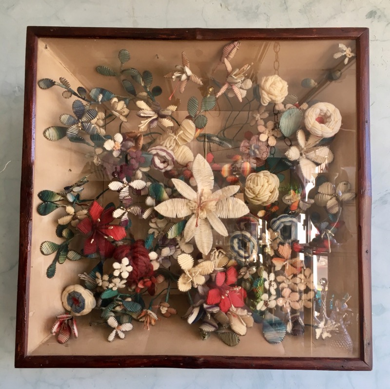 Victorian framed woolwork, flower specimens, c.1880 -0