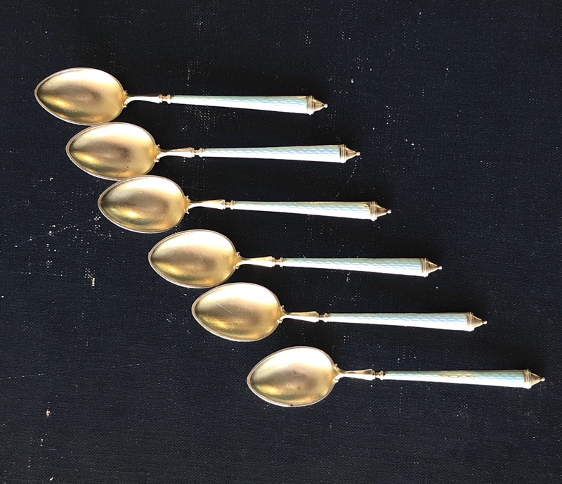 Set of 6 Continental Silver, enamel and gilt teaspoons, c. 1920-0