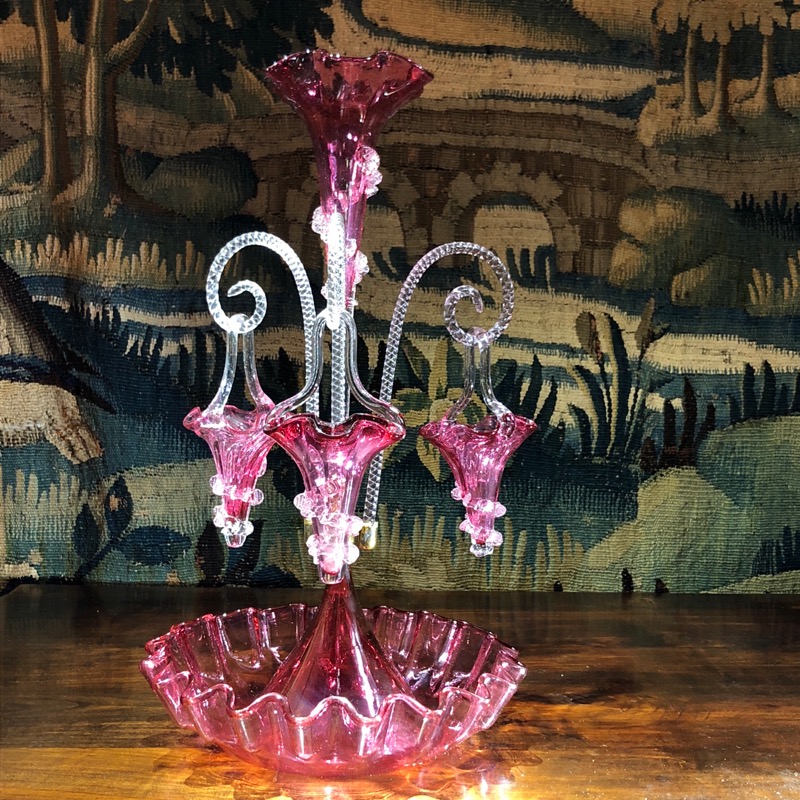 Victorian ruby glass epergne, three baskets, circa 1885 -0