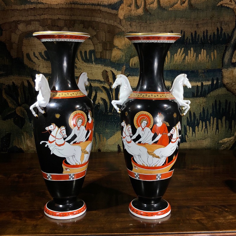 Pair of greek inspired vases, horse handles, circa 1878. -0