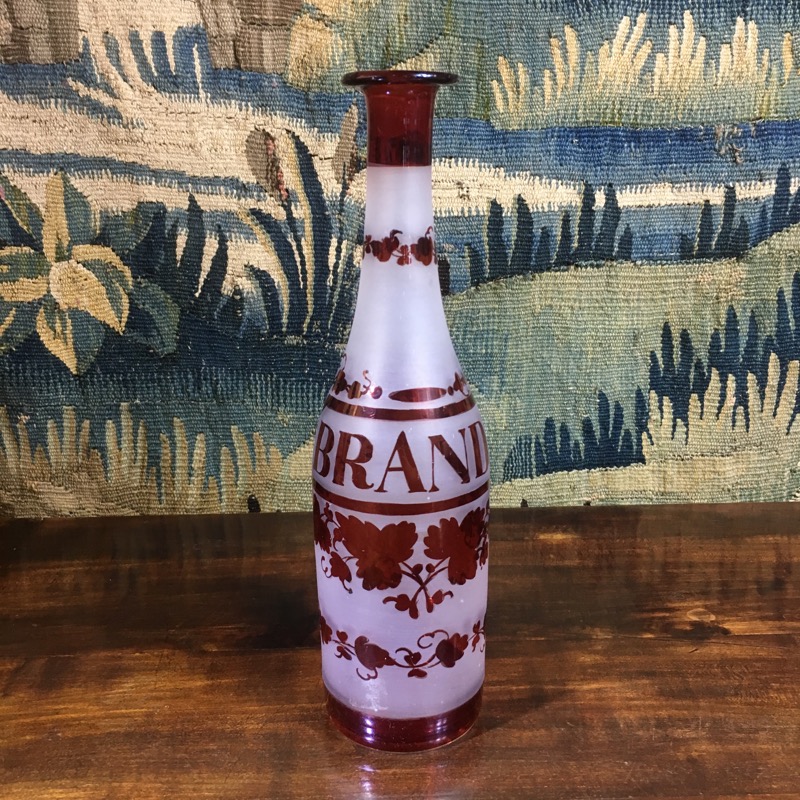 Victorian ruby flash & etched decanter, "Brandy" c. 1870 -0