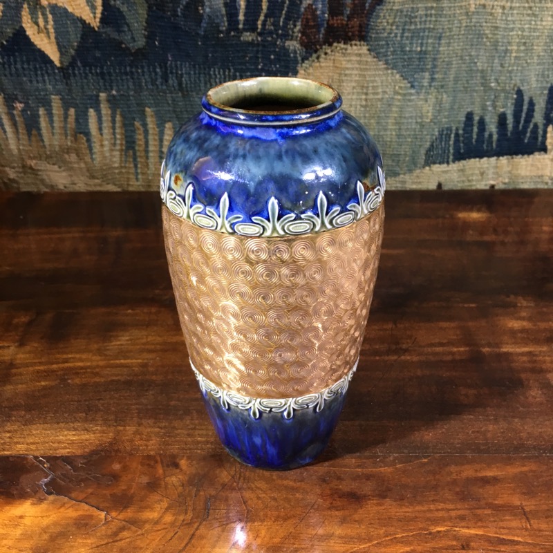 Doulton Lambeth pottery vase, blue with gilt band, circa 1885 -0