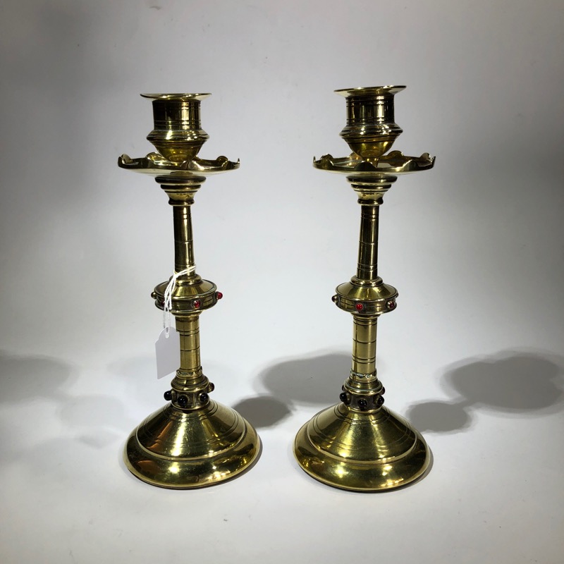 Pair of Victorian Gothic brass candlesticks, Pugin influenced, c. 1870 ...