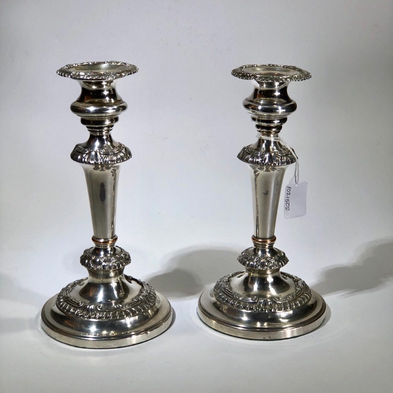 Pair of Old Sheffield Plate candlesticks, shell moulding, c. 1820. -0