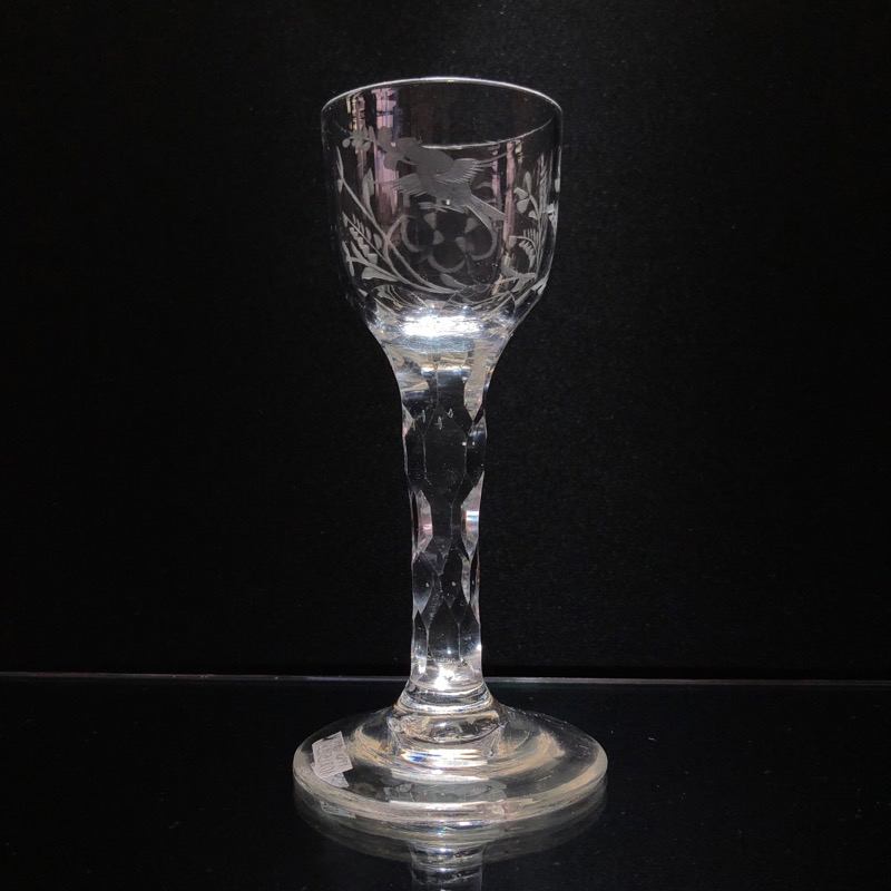 Georgian wine glass, trumpet bowl engraved with bird & flower, c.1790-0