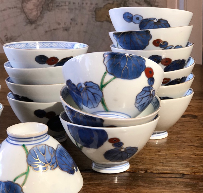 Japanese bowl with lotus plants in blue green red, c. 1900-0