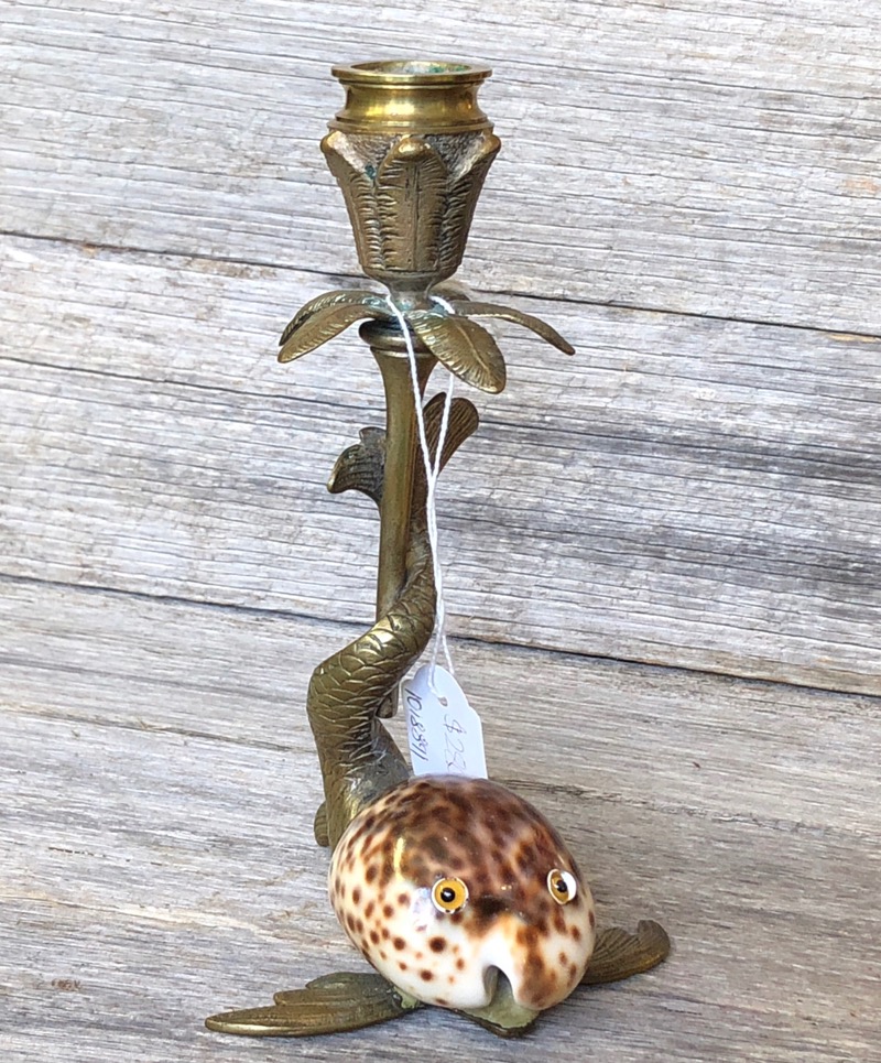 Brass & Cowrie Shell 'Dolphin' candle stick, c. 1920 -0