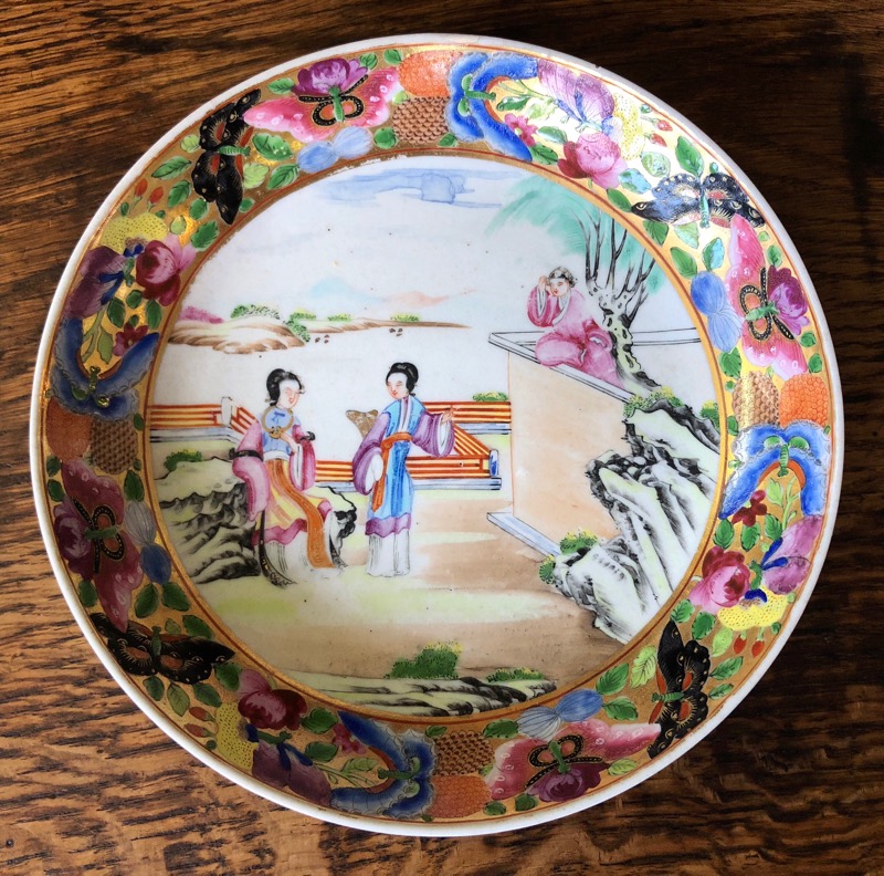 Chinese Export dish, figures in landscape & rich gilt border, c. 1765-0