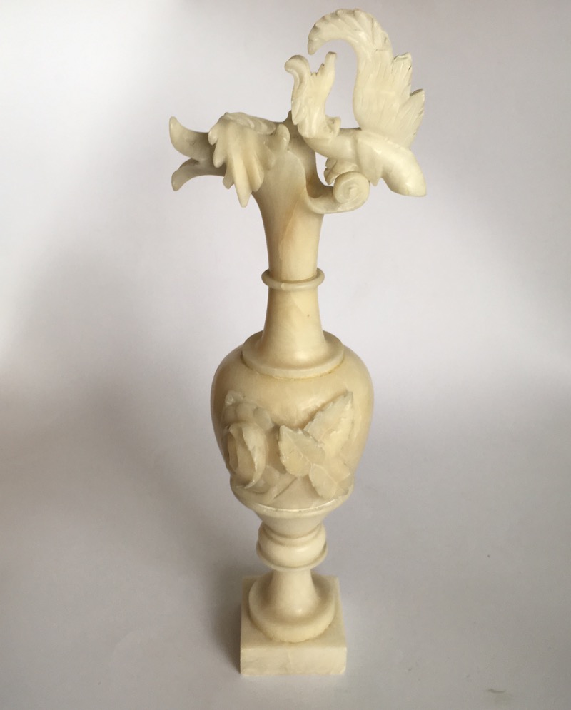 Victorian alabaster ewer, carved rose decoration, c.1880-0