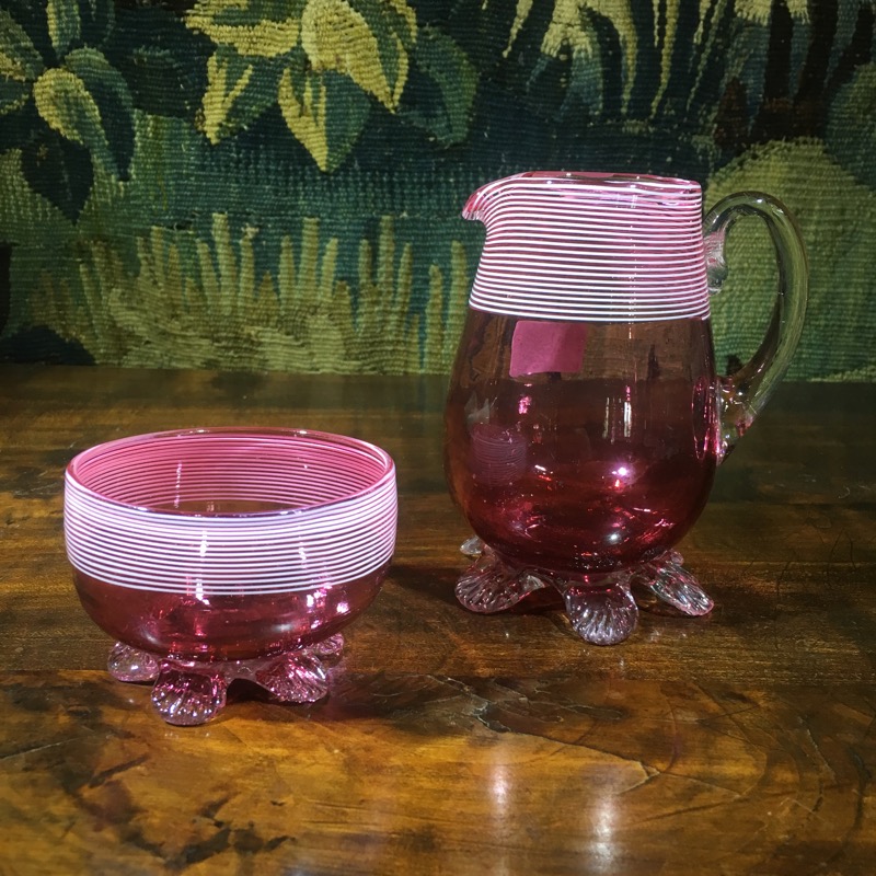 Ruby glass milk jug & sugar bowl, white enamel decoration, c. 1890 -0