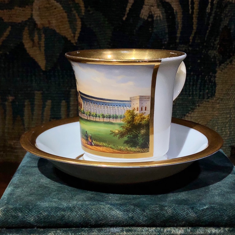 Berlin cup & saucer, finely painted scene of the Königsberg (Kaliningrad) railway station, circa 1850 -0