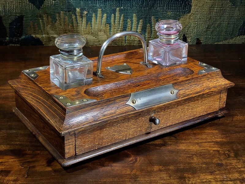 English oak deskset ink stand with metal mounts, c.1890-0