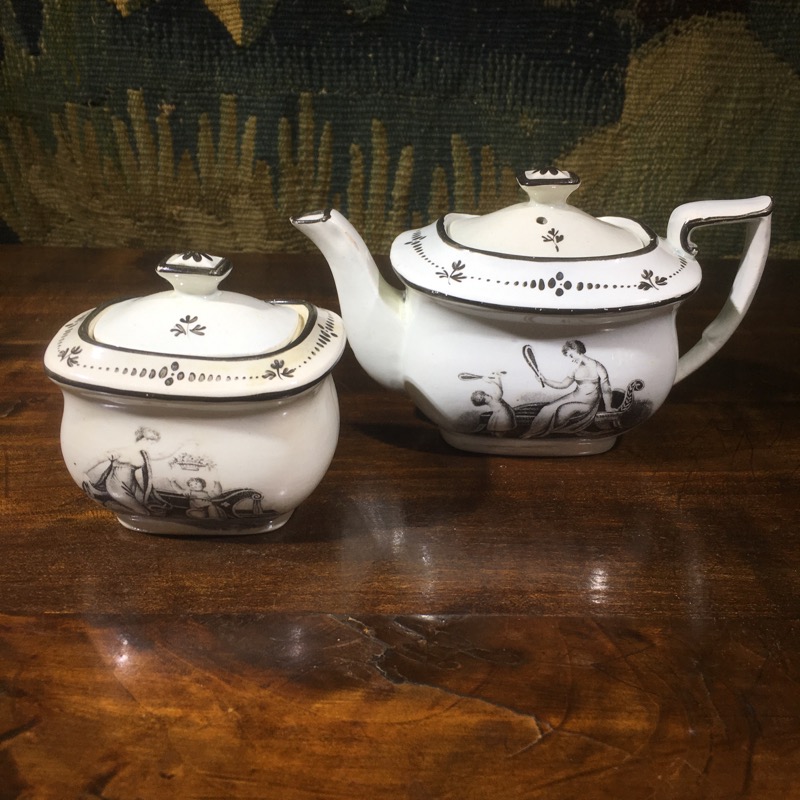 Staffordshire pearlware childs teapot & sucrier, Adam Bucks prints in black, c. 1820 -0