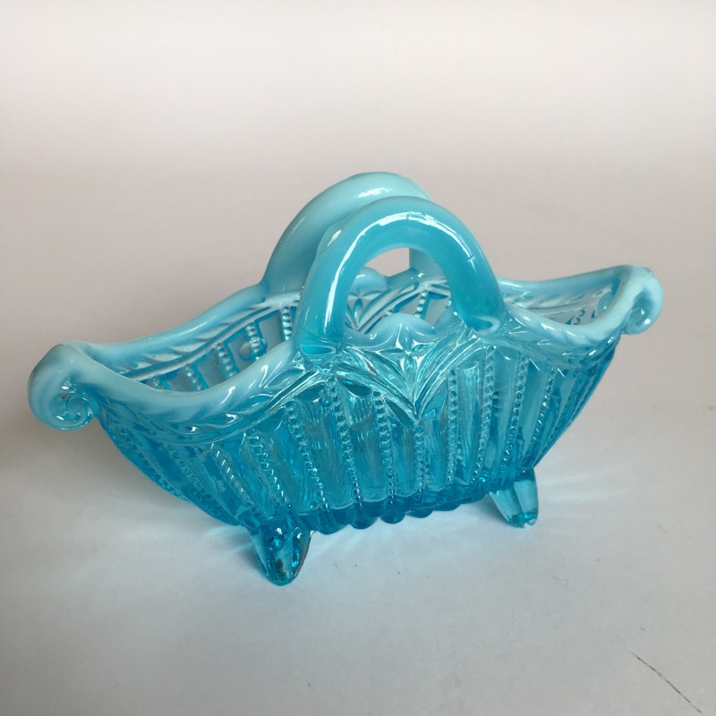 Turquoise Vaseline glass basket shaped vase c.1890-0