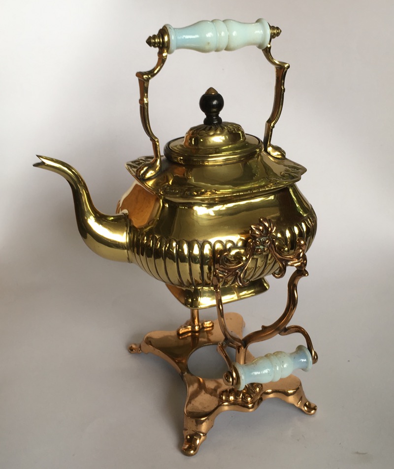 Victorian brass spirit kettle on fancy copper stand, milk glass handles, c. 1895-0