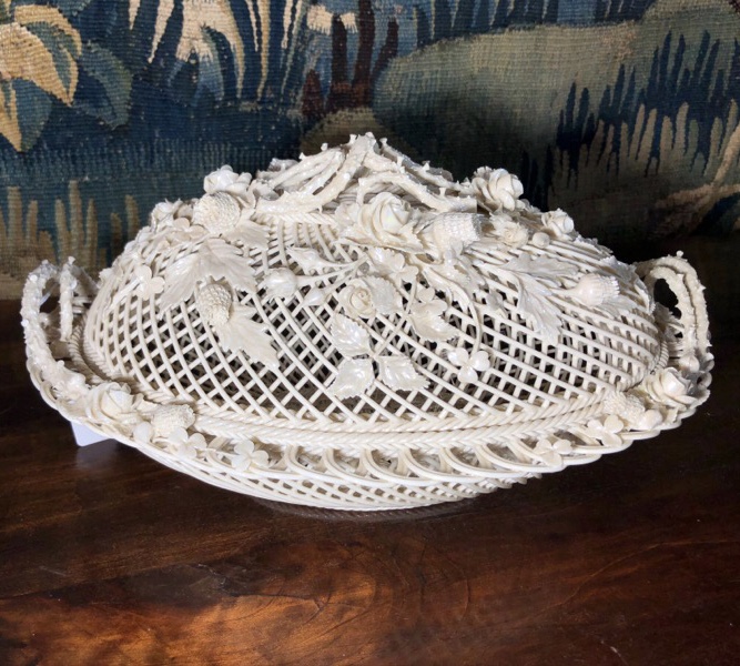 Large Belleek basket encrusted in flowers, c. 1880 -0