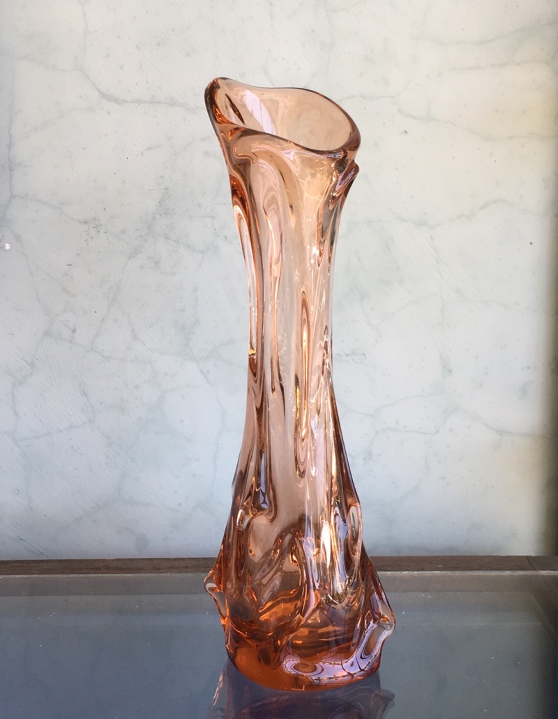 Tall peach coloured Art Glass vase, mid 20th Century -0